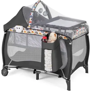 FANTASK 4 in 1 Babybett mit faltbaren Matratze & Wickeltisch & Baldachin, Kinderreisebett mit Rollen, Tragetasche tragbares Beistellbett mit Spielbogen und Spieluhr für Baby bis 36 Monaten