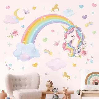 wondever Wandtattoo Regenbogen Einhorn Wandaufkleber Wolken Schmetterlinge Mädchen Wandsticker Wanddeko für Mädchenzimmer Kinderzimmer Babyzimmer