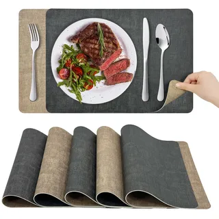 KitchenBoss Platzsets Abwaschbar Tischsets Abwaschbar: Platzdeckchen und Untersetzer 6er Set Hitzebeständig Tischset rutschfest Doppelseitigen Platzset (Grau Aprikose) 43x30cm,10x10cm