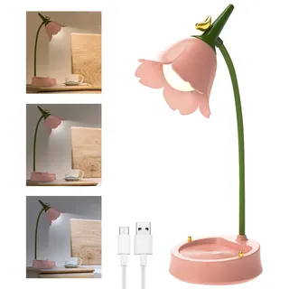 Schreibtischlampe Kinder, Dimmbare LED Tischlampe mit 3 Farbtemperaturen, Wiederaufladbar Blume Tischlampe Kinderzimmer mit Touchsensor und Flexibles Arm, Schreibtischlampe Mädchen Lesen Lernen