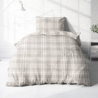 Träumschön Biber Bettwäsche Set 2tlg 155x220 cm + 80x80 cm – Flauschige Bettwäsche Beige – Weiche Winterbettwäsche Kariert - Atmungsaktiv, Warm & Hautfreundlich - 100% Baumwolle