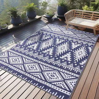 Homaxy Outdoor Teppich Wetterfest, Kunststoff Stroh Faltbar Waschbar UV-beständig Wendbar Balkon Garten Teppich für Terrasse Camping Picknick (120 x 180 cm, Marine Blau & Weiß)
