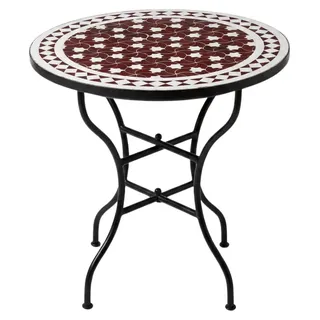 Marokkanischer Mosaiktisch Estrella Bordeaux weiß 60cm, Ø60cm, Höhe 75cm, klappbarer Gartentisch mit Schmiedeeisen-Gestell, handgemachter runder Balkontisch Bistrotisch aus Marrakesch für Garten Balko - bordeaux