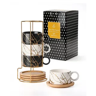 HOME DECOR Cappuccino Tassen Set - 4 x 160 ml Kaffeetassen mit Unterteller & Ständer - Edle Keramik Tassen für Espresso, Cappuccino und Latte - Marmor Kollektion