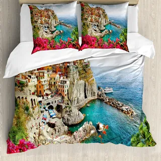 ABAKUHAUS Italien Bettbezug Set, Monarola Antique Village in Cinque Terre Küstenpanorama Sommer Strand Scenic View, 155 x 220 cm + 80 x 80 cm, Mehrfarbig