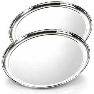 com-four® 2X Servier-Tablett aus Edelstahl Ø 33 cm - rundes Gastro-Tablett - Edelstahl Servierplatte - Deko-Tablett für Buffet, Catering & Hotel