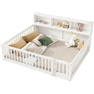 Modfu Kinderbett Daybett aus Kiefernholz 140x200 cm in Weiß mit Stauraum & Rausfallschutz , Holz , Rechteckig , 140x200 cm , Babymöbel & Kindermöbel, Kinderzimmer & Jugendzimmer, Kinderbetten