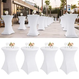 Lumaycens 4er-Set Stehtisch Hussen, Stretch Tischdecke Ø 80-85 cm | Hussen Stehtische mit Fußtaschen, Weiß Elastische Stehtischhussen für Rund Tisch Hochzeit Bankett Bar - 80 x 110 cm