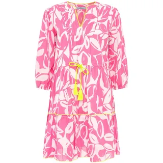 Sommerkleid ZWILLINGSHERZ "Blätter Zweifarbig", Damen, Gr. XL, N-Gr, pink, Web, Obermaterial: 100% Baumwolle, gemustert, figurumspielend kniefrei, V-Ausschnitt, elastischer Bund mit Gummizug, Kleider Sommerkleid, mit Tasseln und kontrastfarbigen Details