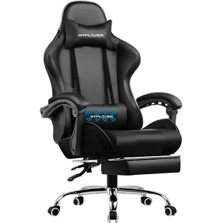 GTPLAYER Gaming-Stuhl, Gamer-Sessel mit Lendenmassage, Gamingstuhl, einziehbare Fußstütze, Rückenlehne 135° neigbar, bequemer Sitz aus Leder, Bürostuhl, Belastung 150 kg, Schwarz