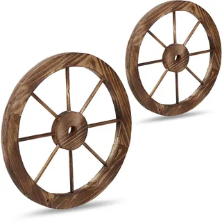 Relaxdays Wagenrad aus Holz, 2er Set, Deko für Garten, Terrasse, Veranda, rustikales Speichenrad, Saloon, Western, braun