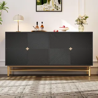 Fortuna Lai Sideboard mit Erhabener Textur 160cm, Schrank mit Vier Türen Goldene Gebürstete Griffe und Hochglanz Tischbeine,  Schwarz, 160×40×82cm - Schwarz
