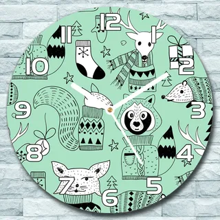 Wanduhr aus Glas Rund fi 30 Skandinavische Waldtiere Winter Deko Wohnzimmer Büro - Grün