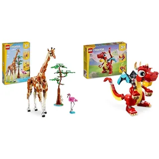 LEGO Creator 3in1 Tiersafari, Kreativ-Set mit Tierfiguren, Spielzeug-Giraffe & Creator 3in1 Roter Drache, Spielzeug mit 3 Tierfiguren inkl. Roter Drache