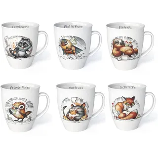 L.E.R.D.93 Tassen 6er Set mit Tiermotiven Fuchs Waschbär Faultier Biene Vogel Maus Made in Germany Porzellan Kaffeebecher 6-teilig