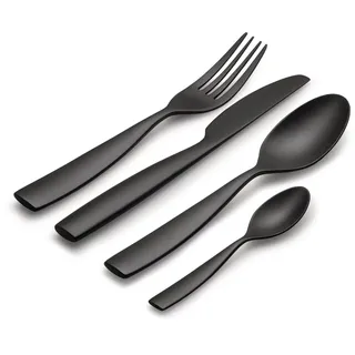 Alessi, Dressed en Plein air MW74S4 B, Besteckset bestehend aus Tafellöffel, Tafelgabel, Tafelmesser, Kaffeelöffel aus Melamin mit Reliefdekor, schwarz.