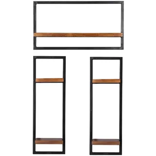 Mid.you Wandregalset , Naturfarben, Schwarz , Holz, Metall , 3-teilig , Mangoholz , massiv , 5 Fächer , 60x110x25 cm , Wohnzimmer, Regale, Wandregale