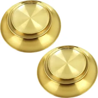 Bhina 6 Stück Gold Edelstahl Rundes Geschirr Unterteller Edelstahlteller Camping Teller Edelstahl 3 Größen von Stainless Steel Rostfreier Stahl Teller Set für Camping, Küche, Party (23/26/30cm)