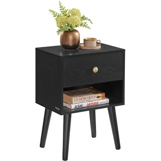 VASAGLE Nachttisch, Beistelltisch mit Schublade und offener Ablage, Holzbeine, Couchtisch für Wohnzimmer, Schlafzimmer, Sofa, ebenholzschwarz LET655B56