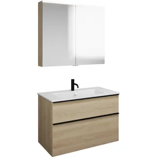 burgbad Eqio Set, bestehend aus Spiegelschrank, Keramik-Waschtisch Slim und Waschtischunterschrank, Breite 920mm, SHCP092F3180C0001G0252, Farbe: Eiche Dekor Cashmere / Eiche Dekor Cashmere,