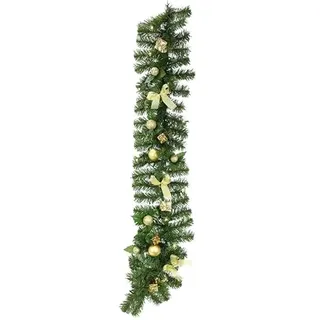 LED Tannengirlande 130 cm mit Golddeko, Timer, Weihnachtsgirlande | Üppiger Festschmuck mit Schleifen, Kugeln und warmem Licht für Tür, Treppe, Kamin und stimmungsvolle Adventsdekoration
