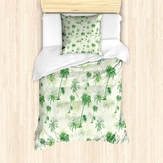 ABAKUHAUS Hawaii Mantele, Sketch Stil Palmen, Milbensicher Allergiker geeignet mit Kissenbezügen, 135 cm x 200 cm - 80 x 80 cm, Forest Green Hellgrün
