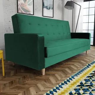 Schlafsofa im skandinavisches Stil Bamako Polstersofa mit Holzbeine Sofa mit Schlaffunktion Bettkasten Couch aus Velour, Farbe: Flasches grün, Kronos 19 - Grün
