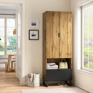 Flieks Garderobenschrank 65x38x180 cm, Kleiderschrank mit verstellbaren Ablagen, Kleiderständer mit Kleiderstange, schwarz + Holzfarbe - Schwarz, Naturbelassen