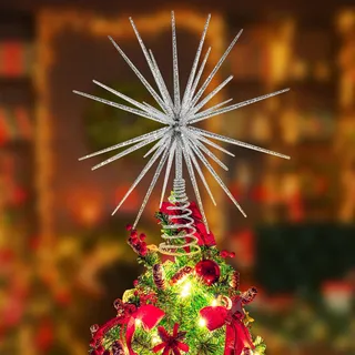 34 cm Silberne Weihnachtsbaumspitze – 3D Burst Silver Tree Topper, explodierender Stern Weihnachtsbaumschmuck