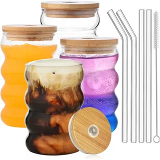 ALINK Plus Size Gerippte Trinkgläser mit Deckel und Strohhalm 4er Set, 530ml bubble glas,Eiskaffeegläser, wave glas, Wassergläser,Longdrinkgläser für Cocktail,Wasser, Soda, Geschenk