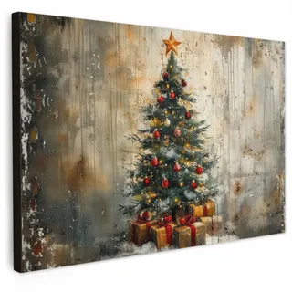 MuchoWow Leinwandbild Weihnachtsbaum - Vintage - Weihnachten - Geschenk Wanddeko 90x60 cm , Rostfarben , Textil , Kiefer , Rechteckig , 90x60 cm , FSC 100% , gerahmt , Bilder & Rahmen, Bilder, Leinwandbilder