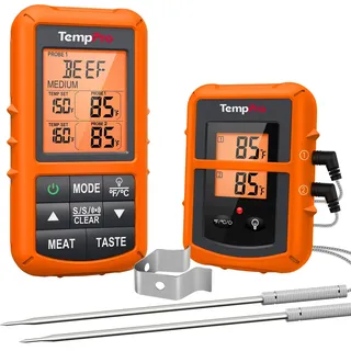 TempPro Funk Fleischthermometer digitales Grillthermometer Kochthermometer | Bratenthermometer 150m Reichweite Küchenthermometer mit 2 Einstichfühlern für Ofen Kochen BBQ Grill ( Ex-ThermoPro )
