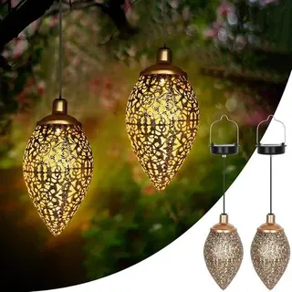 Solar Lichtset aus 2 – Metallische Gartenlampen mit Warmem Weiß LED – Wetterbeständige Hangende Solarlampen für Garten, Balkon und Terrasse - Schwarz