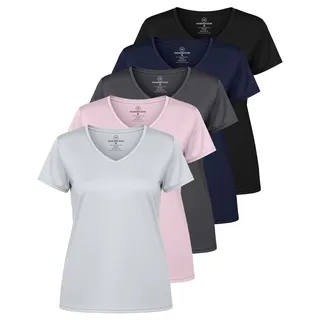 Real Essentials Damen Sport-T-Shirt, kurzärmelig, V-Ausschnitt, Dry-Fit feuchtigkeitsableitendes Yoga-Top (erhältlich in großen Größen), 5er-Pack