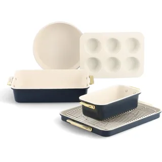 GreenPan Reserve Backform-Set, 6-teilig, antihaftbeschichtet, Keramik, goldener Griff, Backbleche, Kuchenformen, Kastenform, Muffinform, Abkühlgitter, PFAS-frei, Ofenfest bis 240 °C, Oxford Blue