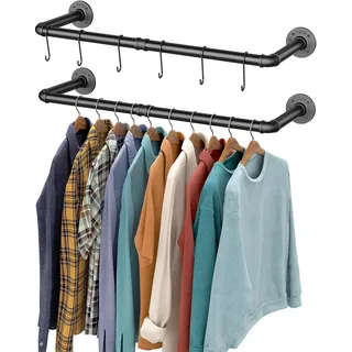OROPY 2er Set Industrierohr Kleiderstange Wandmontage,92cm Garderobenstange | Kleiderstange Wand mit zwei Basen, Rostbeständiges Eisen, Abnehmbar, Platzsparend für kleine Räume