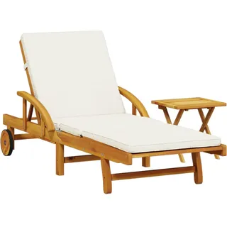 vidaXL Sonnenliege Mit Auflage Und Tisch Massivholz Akazie , Creme , Holz , Rechteckig , 68x83x200 cm , Gartenmöbel, Gartenliegen