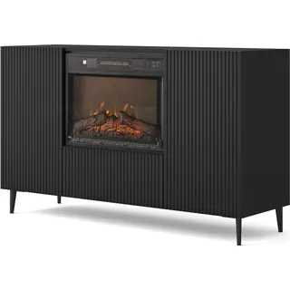 Kommode RAVENNA B 140 cm 2D1K mit elektrischem Kamin SCHWARZ MATT auf schwarzen Beinen - Schwarz
