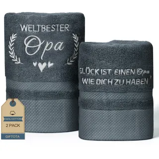 Giftota Opa Geschenk 2 teilig Handtuch Set 100% Baumwolle Bestickt Handtücher Grau, Geschenke für Opa zum Geburtstag Vatertag - Badehandtuch 50 x 100 cm + Handtuch 35 x 75 cm