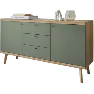 Furn.Design Sideboard Salbei grün, Eiche Evoke, skandinavisch 160 cm, Kommode mit Vollauszug , Metall , Nachbildung, Echtholz,Eiche , Holz Optik, Uni , 2 Fächer , 3 Schubladen , Rechteckig , rund , 160x83x40 cm , FSC 100% , Kleinmöbel, Kommoden, Sideboards