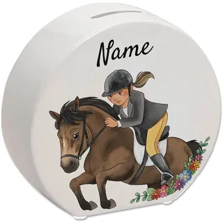 Personalisierbare Mädchen Geschenk Spardose mit Reiterin - Pferderasse, Haarfarbe und Jakett wählbar - Ideal für Pferde Mädchen Geburtstag