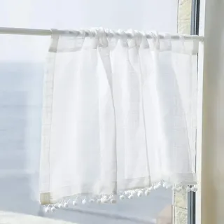 PFLife Bistrogardine Landhausstil Leinen Kurzgardine mit Zierkugeln Gardine Vorhang für Küchen Balkon (Weiss, H/B: 45 x 132 cm)