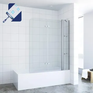 AQUABATOS® 130 x 140 cm Duschtrennwand für Badewanne Badewannenfaltwand mit Festteil und Eckregalen aus 5mm Echtglas Nano Beschichtung, 130cm breite 140cm höhe faltbar Duschwand Glas Badewannenaufsatz