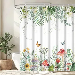 Uiiooazy Duschvorhang 180x220cm, Duschvorhang Anti Schimmel Tropisch Grüne Palmeblätter Eukalyptus Pilz Duschvorhänge Wasserdicht Polyester Stoff Waschbar Bad Vorhang mit 12 Haken für Badezimmer