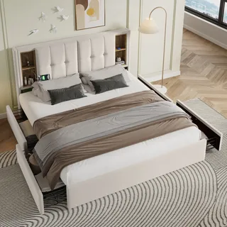 MODFU Polsterbett Doppelbett 160x200cm mit Kabellosem Laden, USB und Typ-C Ladeanschluss, Stauraumbett mit 4 Schubladen und Lattenrost, Samt Beige (Mit Matratze) - Beige