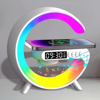 HoldOneLight Kabelloses Ladegerät Lampe Bluetooth-Lautsprecher Musik Uhr Wecker Taste und App-Steuerung, 7 Licht Farbe Modi, Wohnzimmer, Haus und Büro Wecker mit kabellosem Ladegerät (White Z)
