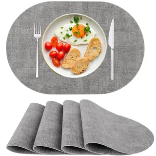 Platzsets Abwaschbar Tischsets 4er Set PU-Leder, Hitzebeständig, rutschfest, Platzset für Esstisch, Küche Oval Grau