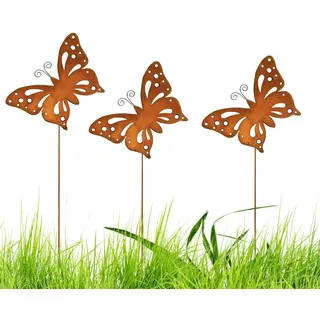 Voarge 3er Rost Schmetterling Gartenstecker, für draußen Rost Schmetterling Gartendeko, Rostige Metall Blumenstecker Deko für Garten Terrasse Balkon Blumentopf
