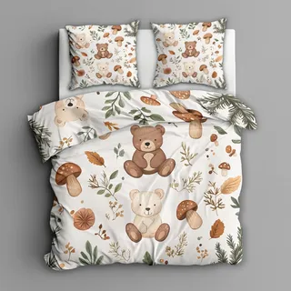 Generisch Kinder Teddybär Bettwäsche 140x200 2tlg, 1 Kissenbezüge 70x90 - Waldtiere Design Wendebettwäsche, Weiche Mikrofaser Bettbezug mit Reißverschluss, Deko & Geschenke - Qc123
