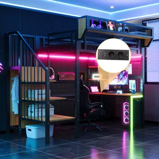 Ball & Cast Metall-Hochbett (90x200cm) mit Schreibtisch, Steckdosen und Lichtleisten - Für Kinder, Jugendliche & Erwachsene, Ohne Matratze, Schwarz